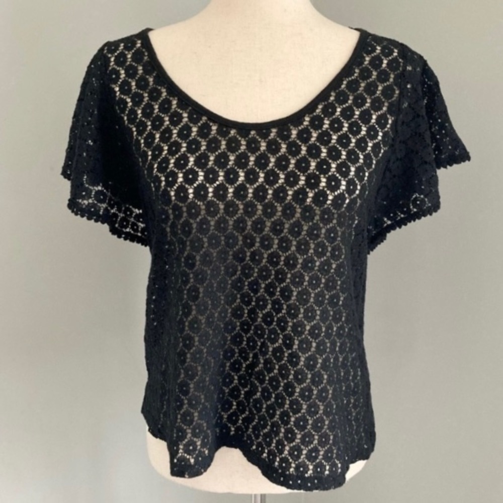 Joe Boxer Black Floral Lace Flutter Sleeve Top
